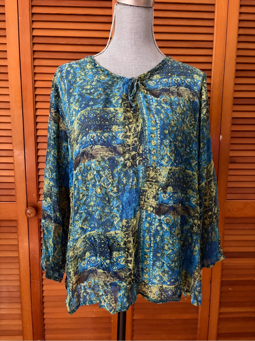 Y2K Silk Teal and Olive Paisley Patchwork Boho Neck Tie Blouse